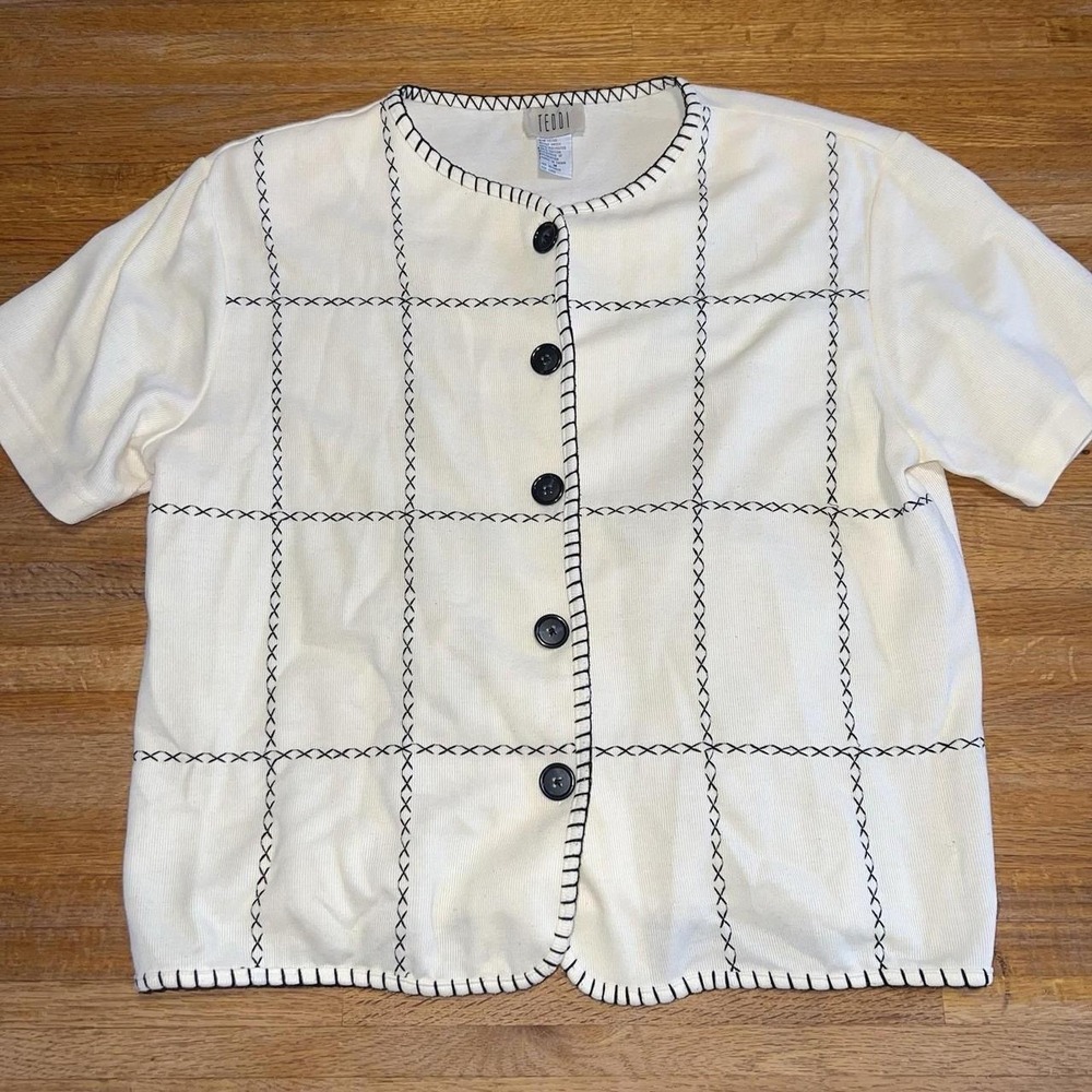 Vintage Teddi Women Medium White Windowpane Stitched Short Sleeve‎ Button-Up Top